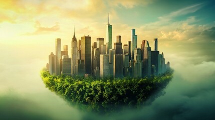 A city is floating in the air with trees surrounding it