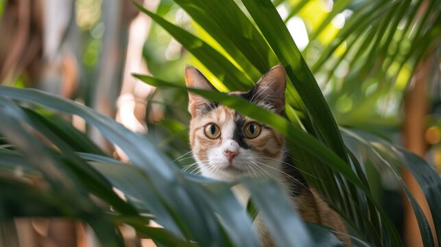 Calico cat peeking through tropical foliage.