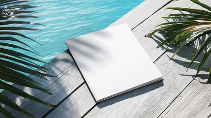 Blank white brochure mockup on wooden deck by pool.
