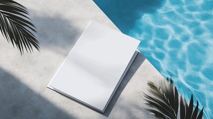Blank white brochure mockup by pool.