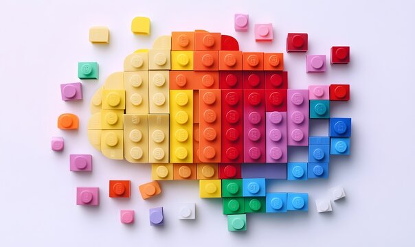 Colorful plastic blocks forming a brain shape on white background.