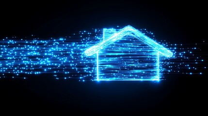 Home internet connectivity and fast data transfer concept, Blue fiber optic cables converging into a house