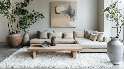 Modern minimalist living room interior with beige sectional sofa, wooden coffee table, large artwork, and plants in large pots on a fluffy rug.