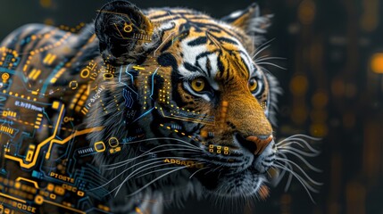 Cybernetic tiger portrait, digital art.