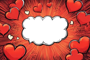 Colorful Comic Style Heart Frame with Blank Space for Valentine's Day Messages Featuring Red Hearts and Dynamic Background Elements