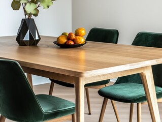 Oak dining table with dark green chairs and modern decor under bright studio lighting

