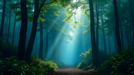 Obraz premium A dense forest with mist and cool blue-green light filtering through the trees