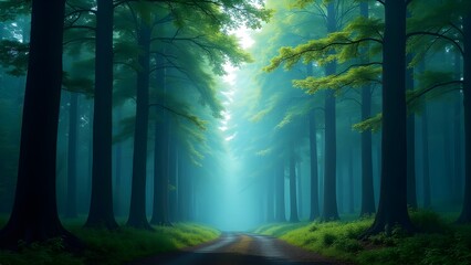 A dense forest with mist and cool blue-green light filtering through the trees