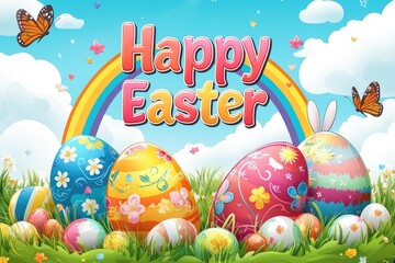 Colorful easter eggs lying in green grass under a rainbow with butterflies flying around