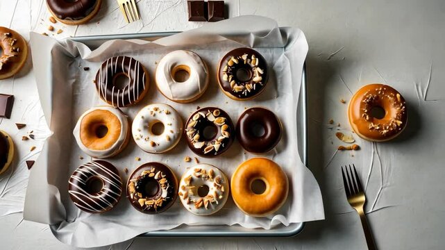 Video footage of tray of assorted donuts with various toppings and glazes, arranged neatly on parchment paper, next to a donut on a plate with a fork