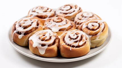 Fototapeta premium Mouthwatering freshly baked cinnamon rolls with a generous swirl of creamy icing on a simple white background These warm fluffy pastries are a classic breakfast or dessert treat