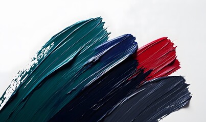 Abstract paint strokes in teal, navy, dark gray and crimson on white.