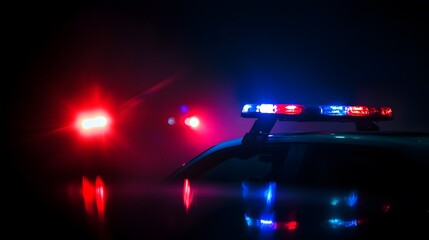Police car chasing a car at night with fog background. 911 Emergency response police car speeding to scene of crime. Selective focus