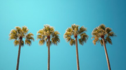 Obraz premium Four palm trees reaching for the vibrant blue sky