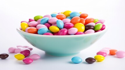 Delectable assortment of colorful candy coated chocolates artfully arranged on a clean white background inviting the viewer to indulge in a moment of sweet gourmet delight
