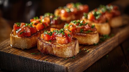 Delicious bruschetta with peppers, onions and herbs resting on wooden board