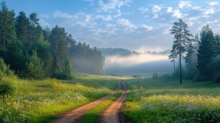 Winding dirt road leading through misty forest valley at sunrise