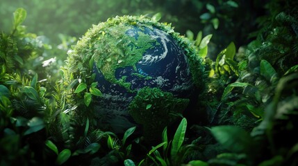 Lush Green Earth Surrounded by Vibrant Leaves and Nature Elements