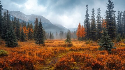 Fog entering a valley surrounded by autumn-colored trees and bushes