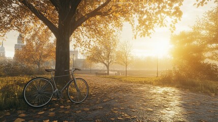 Obraz premium Autumnal Park Scene with Bicycle at Sunrise