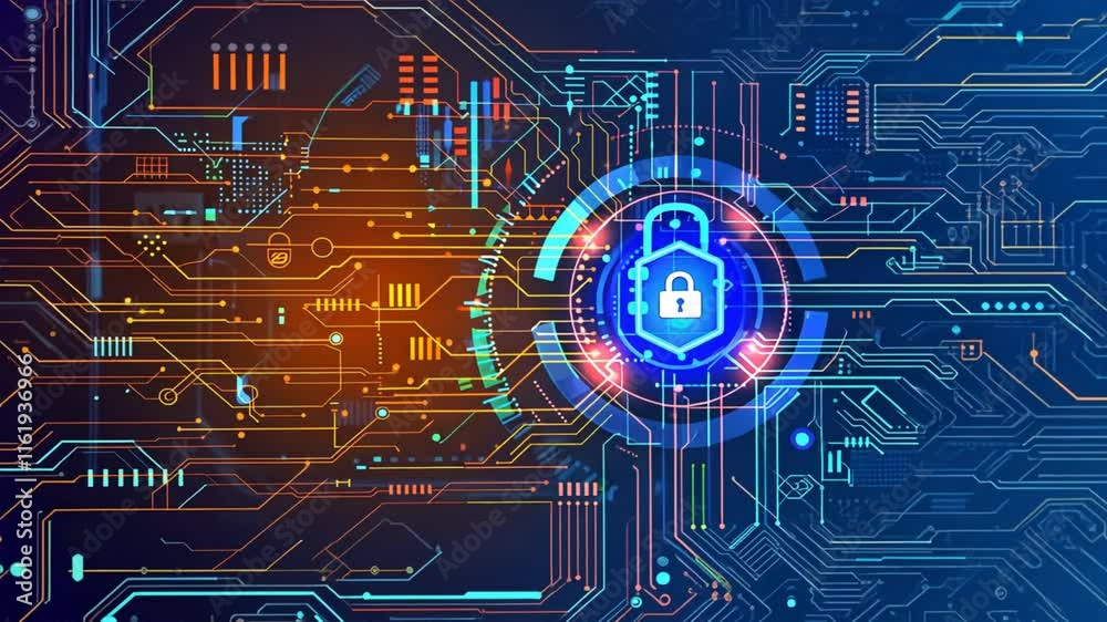 Poster digital security technology protecting data with encryption and padlock symbols on circuit networks 