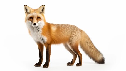 A captivating portrait of a curious red fox standing alert and attentive on a pristine white background showcasing its striking features and natural elegance
