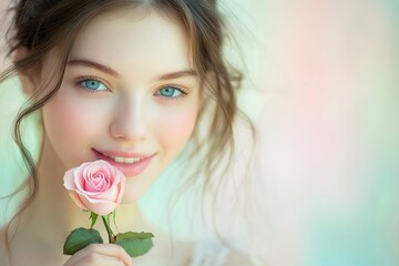 close-up of joyful young woman holding single pink rose and looking directly at camera against softly blurred pastel