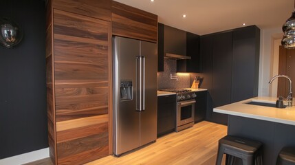 Fototapeta premium Modern kitchen interior with sleek design and rich wood accents