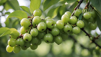 Close-Up Photo of Ripe Green Sweet Cherry Tree Branches