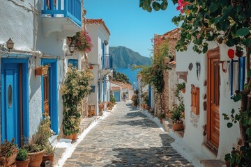 Picturesque cobblestone street winding through charming whitewashed village in samos, greece