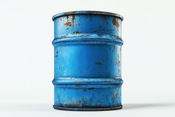 Rusty blue metal barrel standing on white background