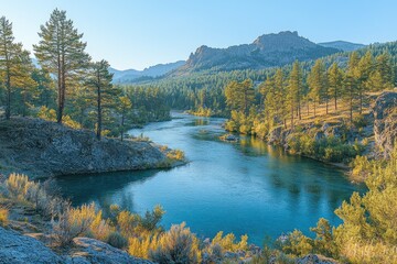 Fototapeta premium Spokane river flowing through evergreen forest in riverside state park at sunset