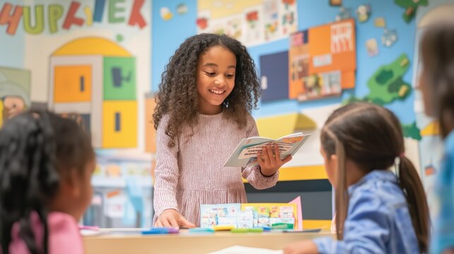 A group of excited children gather around a table, captivated by a classmate who holds a book, sharing stories and ideas in a colorful classroom