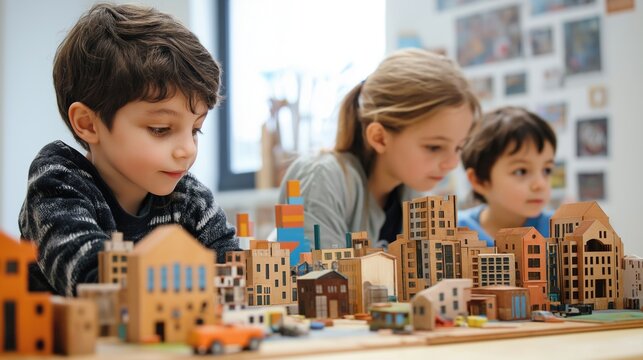 Children immerse themselves in an imaginative project, crafting a vibrant miniature city from colorful blocks and models in class