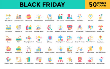 Black Friday icon set with shop and save, checkout counter, red tag sale, online shopping, shop responsibly, door crashers, electronic gadgets, shopaholic, shop local icon. Simple flat color vector 
