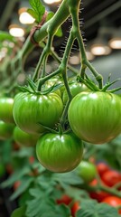 Green tomatoes growing on vine in greenhouse.