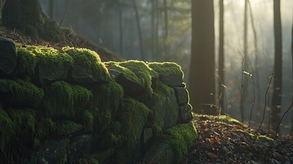 Moss Covered Stone Wall In A Sunlit Forest