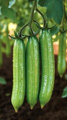 Three long green tomatoes growing on a vine.