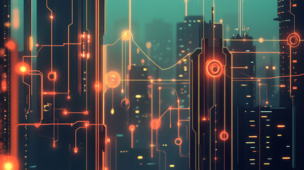 illustration of interconnected smart devices communicating via glowing data streams in a cityscape 