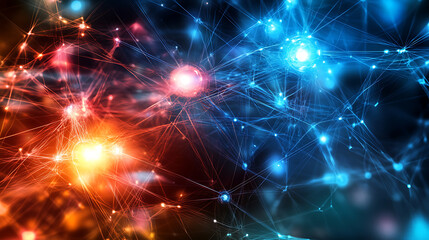 representation of a neural network diagram with illuminated data nodes and lines connecting across a virtual interface 