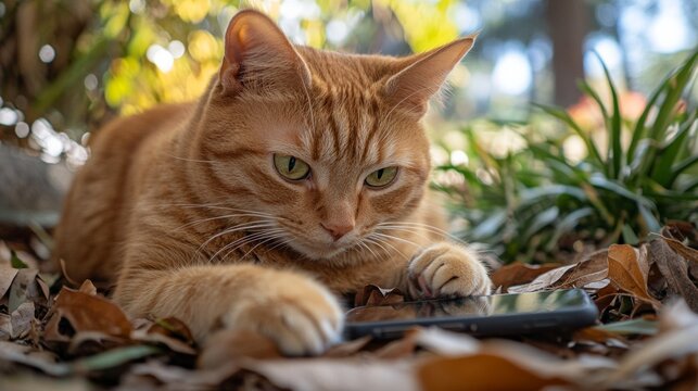 A cat is laying on the ground next to a cell phone