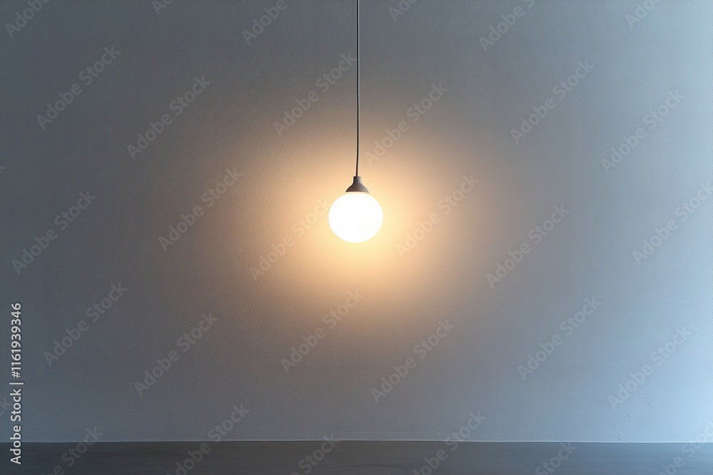 Poster single light bulb suspended from ceiling its soft glow illuminating simple empty space