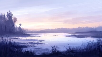 Serene Sunset Over Calm Water And Trees