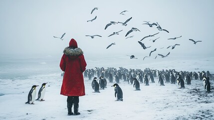 Woman in Red Coat Observes a Colony of Penguins