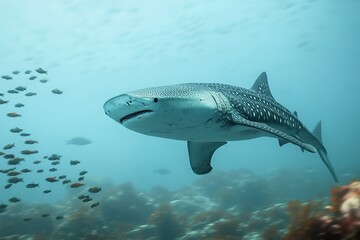 Fototapeta premium giant whale shark swimming peacefully beneath surface of ocean with schools of small fish around it