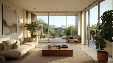 Fototapeta premium Modern living room with large windows, beige sofa, wooden coffee table, and outdoor patio view.