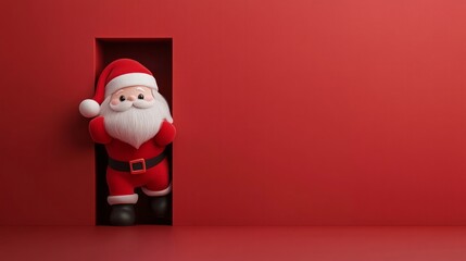 A red background with a santa standing in a doorway