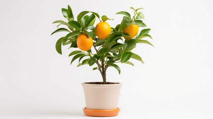 Dwarf Citrus Tree Growing in Terracotta Pot Placed on Clean White Background  Compact Potted Citrus Plant with Green Leaves and Branches for Photography