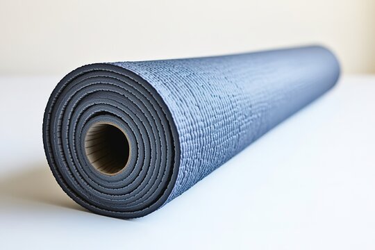 rolled-up yoga mat rests on white surface with generous empty space around it