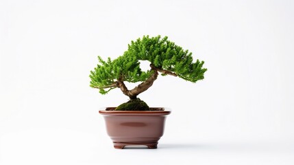 Beautifully crafted miniature juniper bonsai tree showcased in a sleek ceramic pot against a clean white background creating a serene and modern botanical display